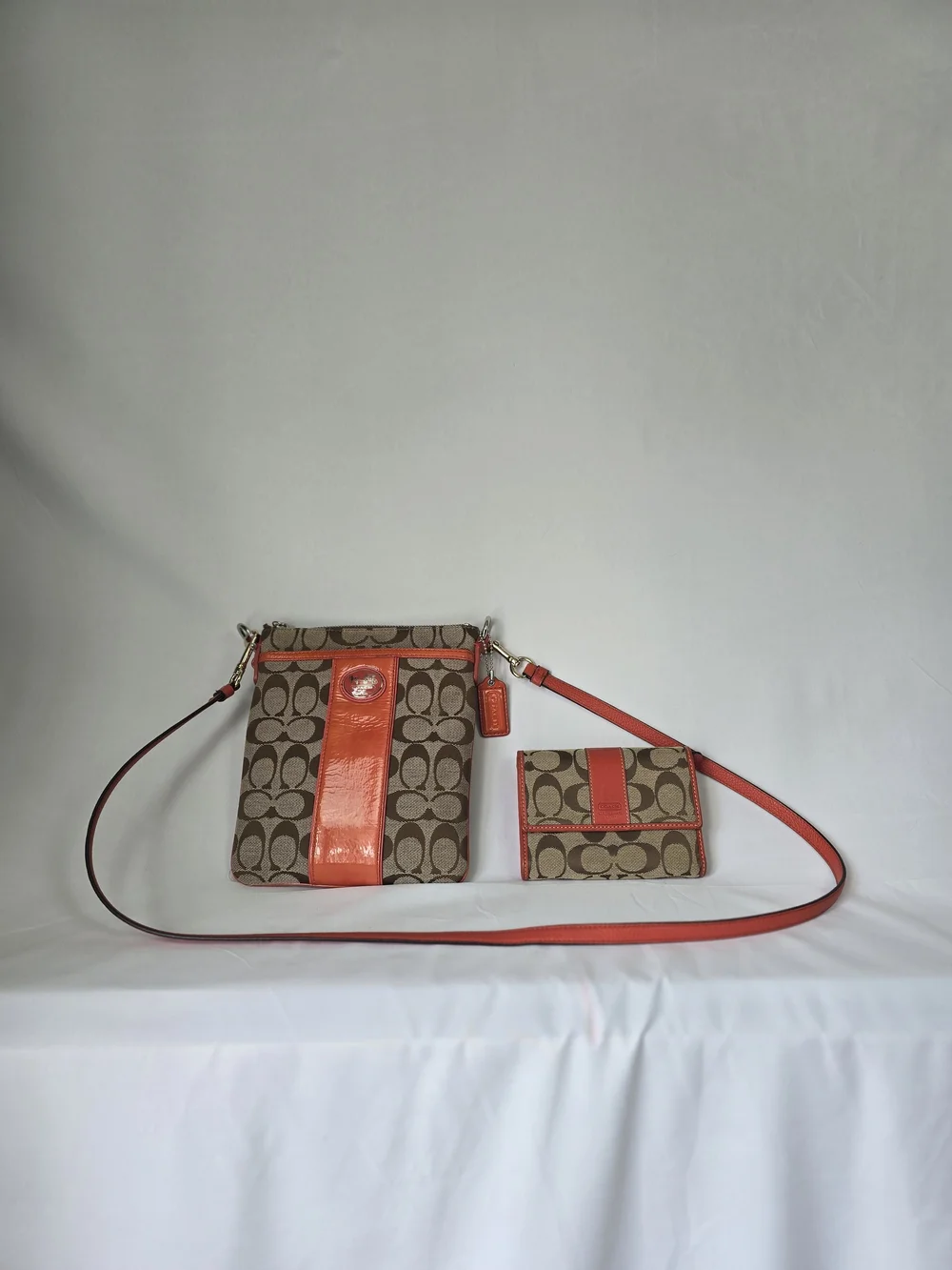 Coach Brown Signature Canvas Crossbody with Coral Trim and Matching Wallet
